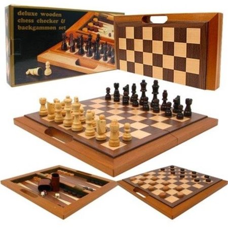 TRADEMARK GLOBAL Trademark Global 12-2157 Deluxe Wooden Chess; Checker & Backgammon Set; Brown 94204
